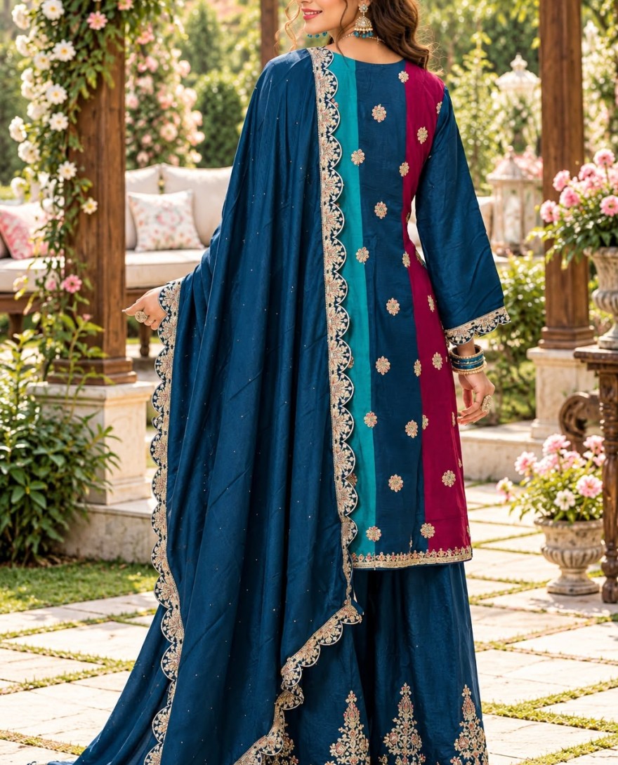 2204 - Multi Colour Chinon Embroidered, Sequins and Zari Work Ceremonial Salwar Suit